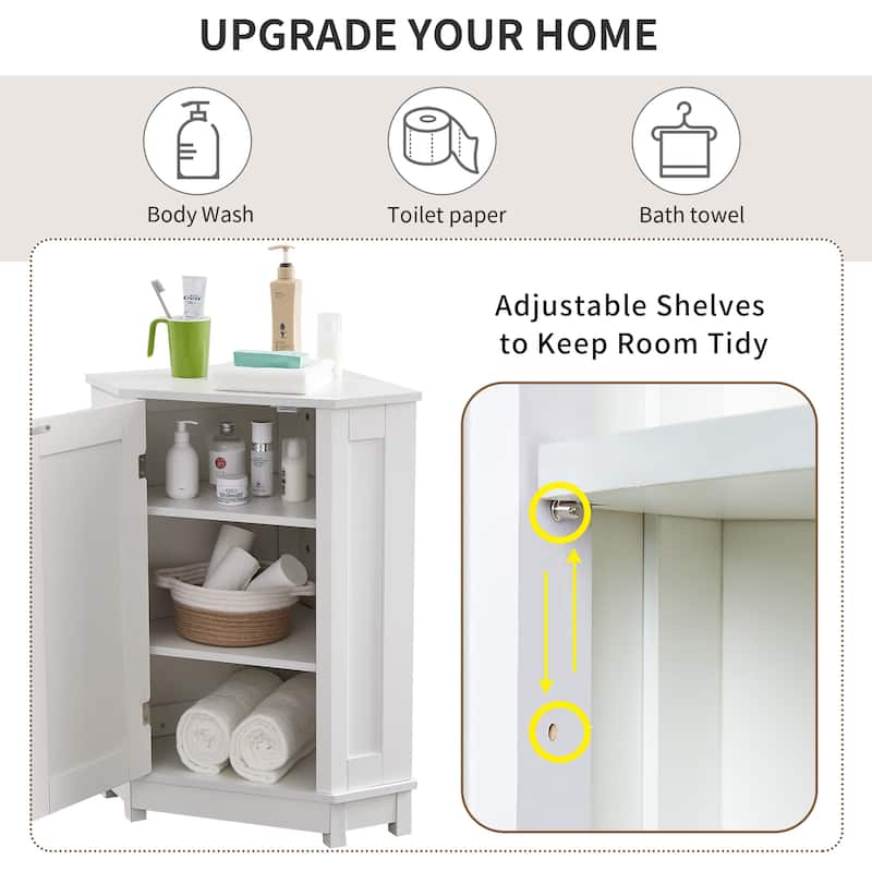 Bathroom Corner Storage Cabinet, Wood Single Door Corner Cabinet, Freestanding Organizer with Adjustable Shelves