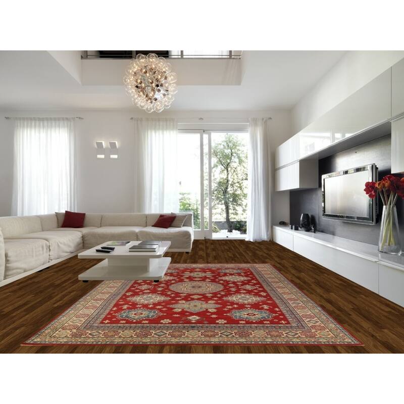 Hand Knotted Oriental 100% Wool Carpet Traditional Geometric Red Kazak Area Rug - 13' 11'' X 9' 6''