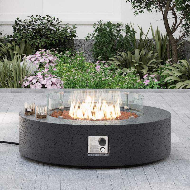 COSIEST Ecru Round Outdoor Propane Fire Pit with Wind Guard