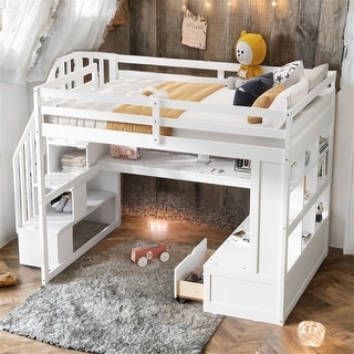 Full Size Loft Bed with Desk, Drawers, and Storage, White