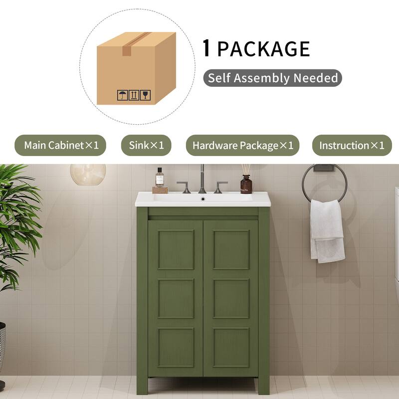 24" Vintage Style Small Bathroom Vanity with Ceramic Sink, 2 Soft-Close Doors, and Adjustable Shelf