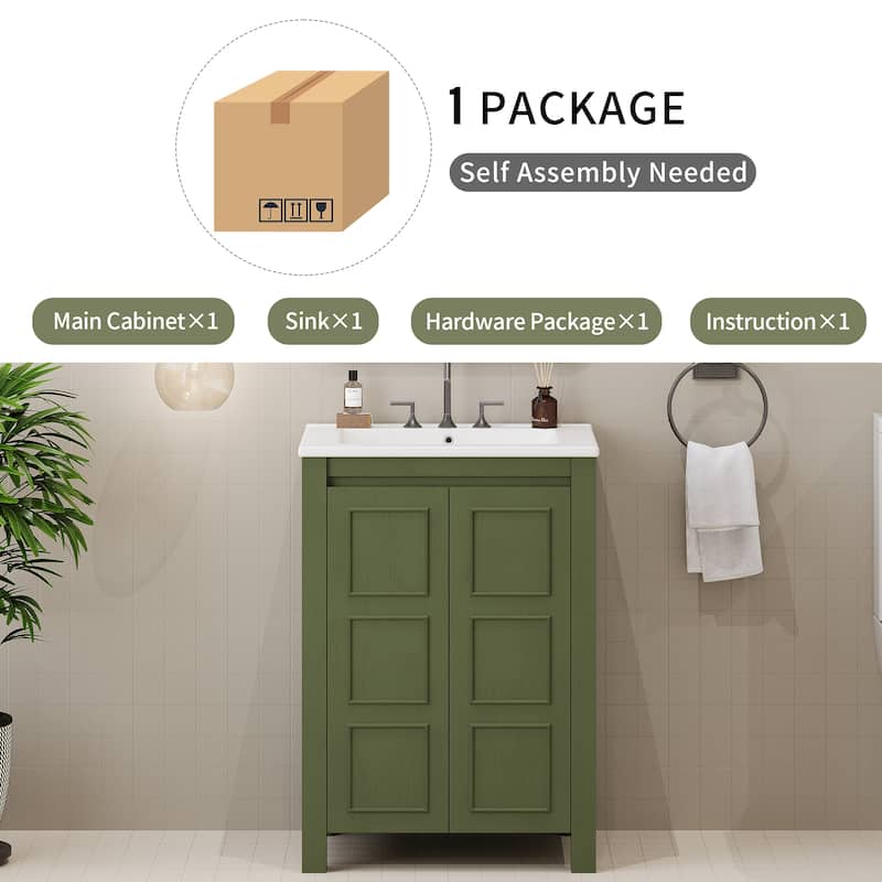 24-Inch Vintage-Inspired Bathroom Vanity with Ceramic Basin, Two Soft-Close Doors, and Adjustable Shelf‌ - 24"