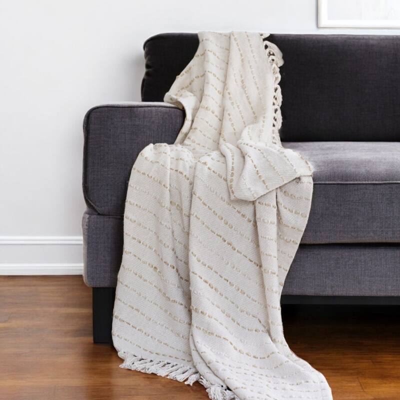 HomeRoots 50" X 60" White and Beige Cotton Blend Woven Striped Throw Blanket with Fringe - Throw - White