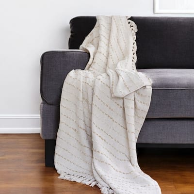 HomeRoots 50" X 60" White and Beige Cotton Blend Woven Striped Throw Blanket with Fringe