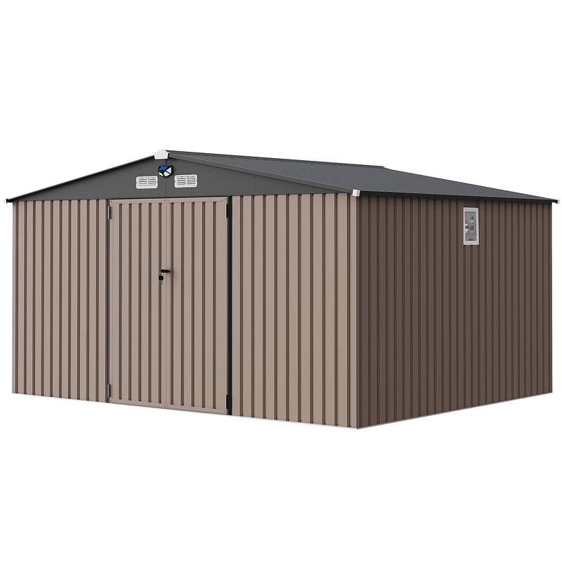 10x12FT Outdoor Metal Storage Shed with Lockable Door, Vents, Windows & Solar Light - Brown