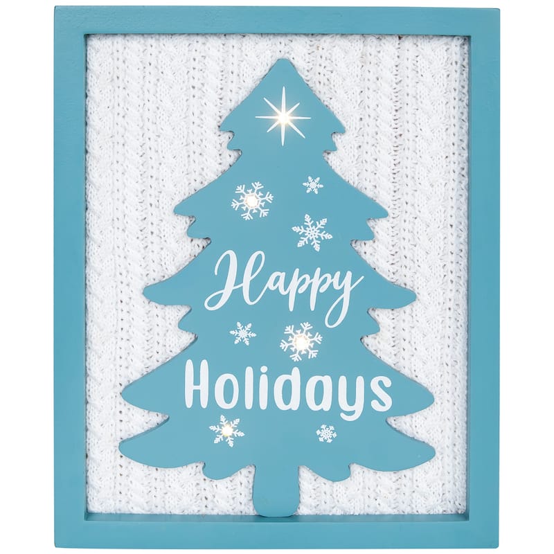 Lighted Happy Holidays Christmas Tree with Cable Knit Texture Wall Art - 12"