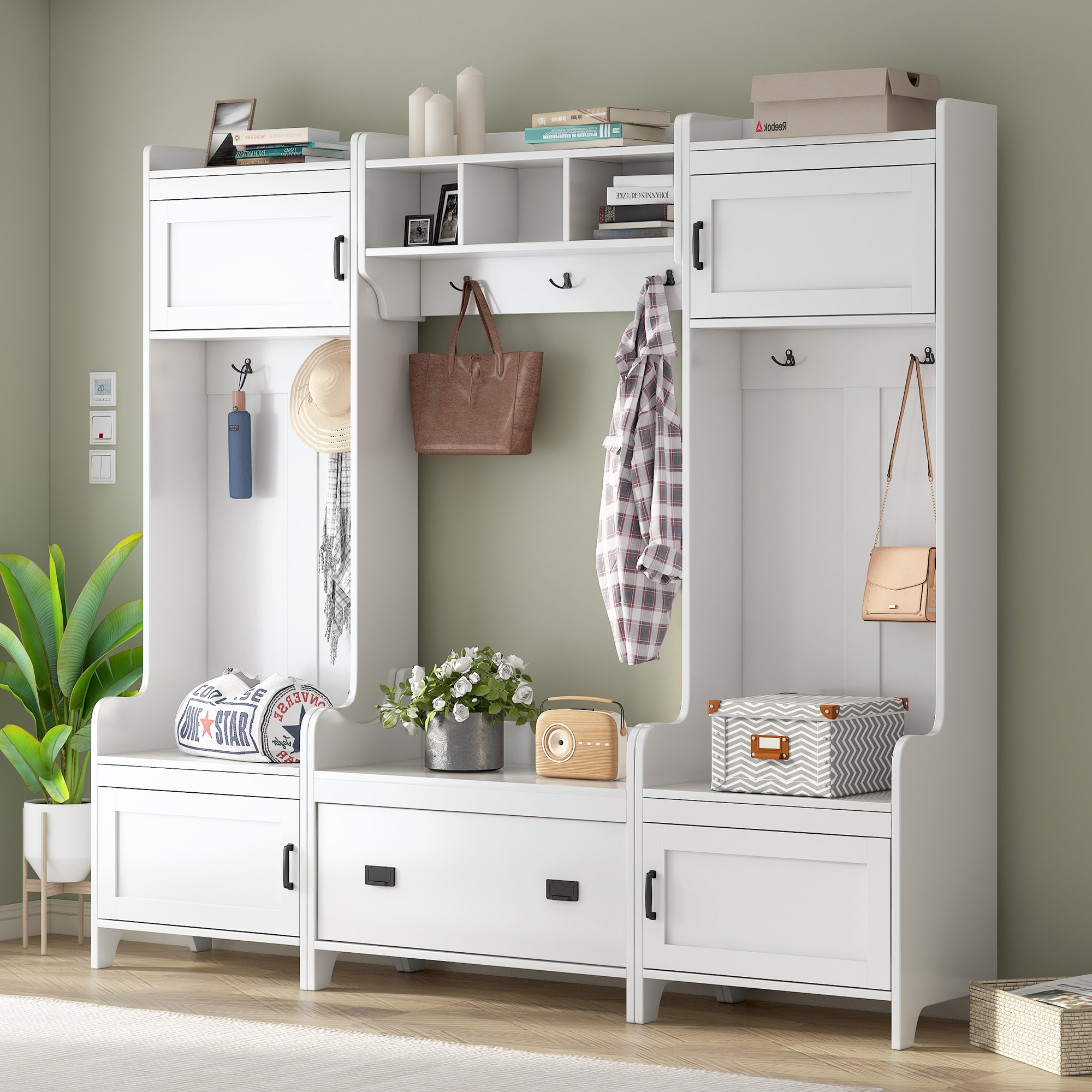 Contemporary Hall Rack with Storage - 4 in 1 Entryway Bench with 7 Hooks