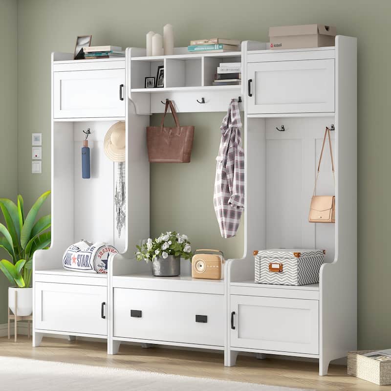Roomfitters Modern Mudroom Hall Tree with Bench, 4-in-1 Coat Rack with 7 Black Hooks and Large Storage Compartment, White - White