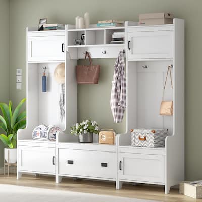 Roomfitters Modern Mudroom Hall Tree with Bench, 4-in-1 Coat Rack with 7 Black Hooks and Large Storage Compartment, White