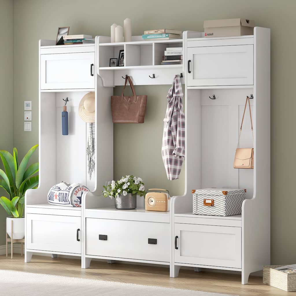 Roomfitters Modern Mudroom Hall Tree with Bench, 4-in-1 Coat Rack with 7 Black Hooks and Large Storage Compartment, White