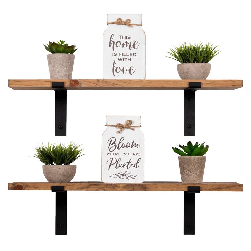 Handmade Rustic Wood Floating Shelves with L Brackets (Set of 2)