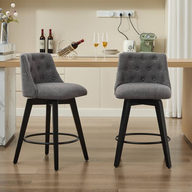 25" Swivel Bar Stools Set Of 2-Modern Counter Height Stools With Linen Upholstery&Button Tufted Back