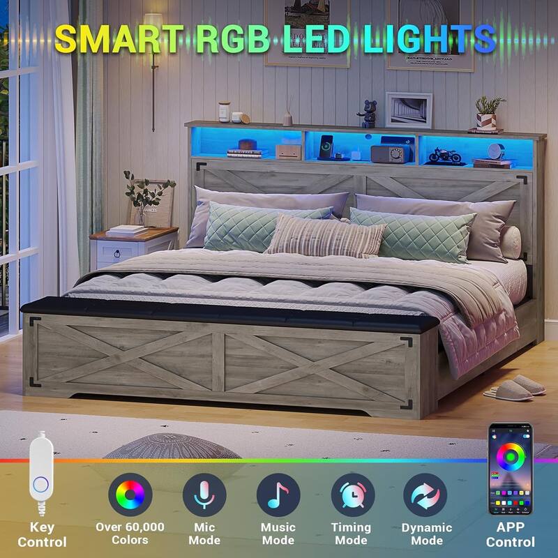 Bed Frame with Storage Ottoman Charging Station and Led Light