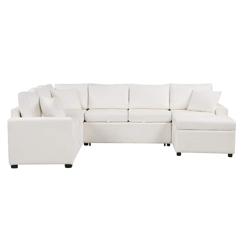 White 112.2" L-Shaped 6-Seater Sectional Sofa with Pull-Out Bed, Storage Ottoman, 3 Back Pillows, and USB Charging Ports