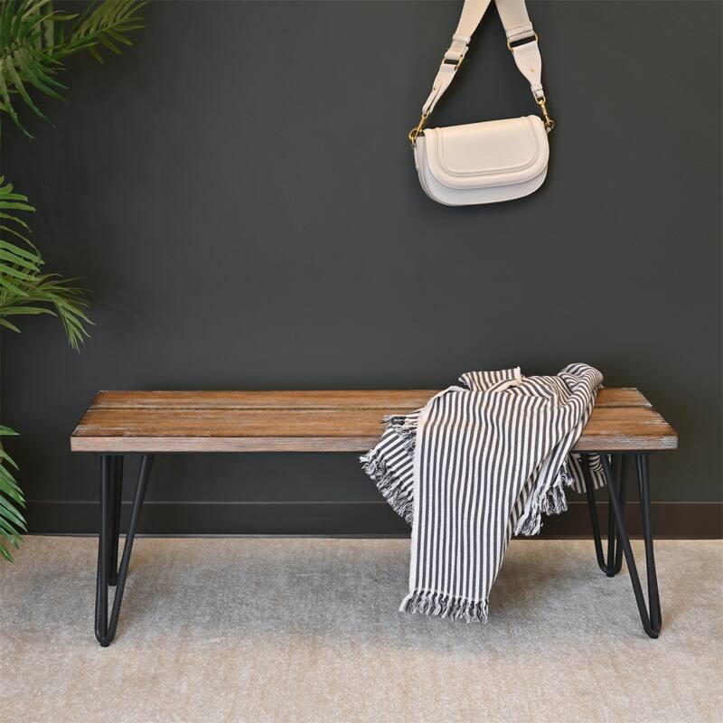 Industrial Wood Dining Bench, Rustic Dark Pine Finish