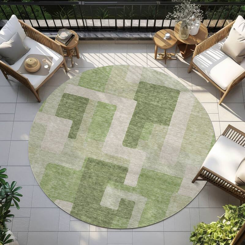 Machine Washable Indoor/ Outdoor Contempoary Blocks Chantille Rug - Green - 8' x 8'