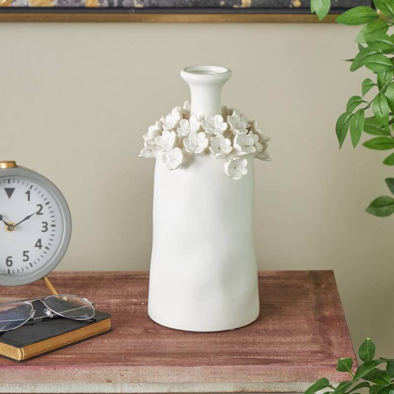 Ceramic Floral Round Vase with Narrow Opening - White - Roche River Decor
