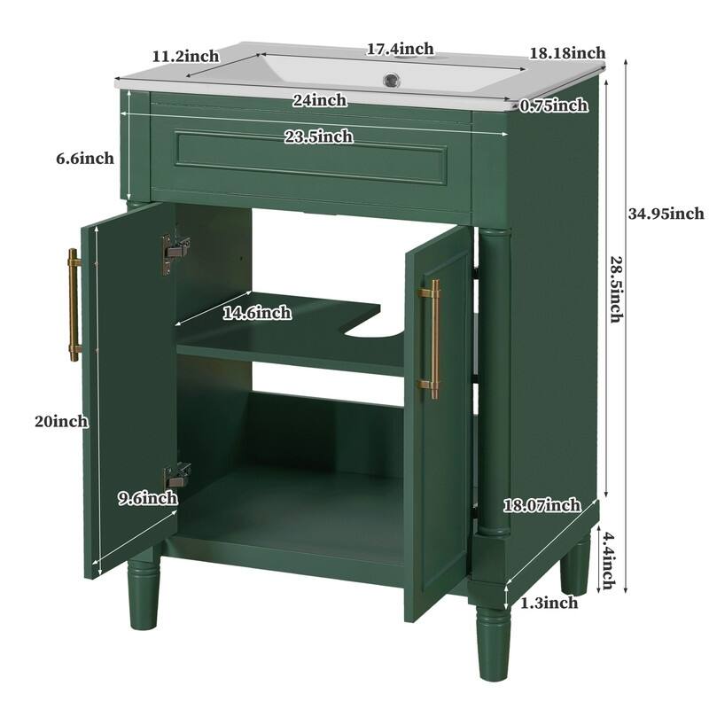 24" Bathroom Vanity with Integrated Ceramic Sink, 2 Doors