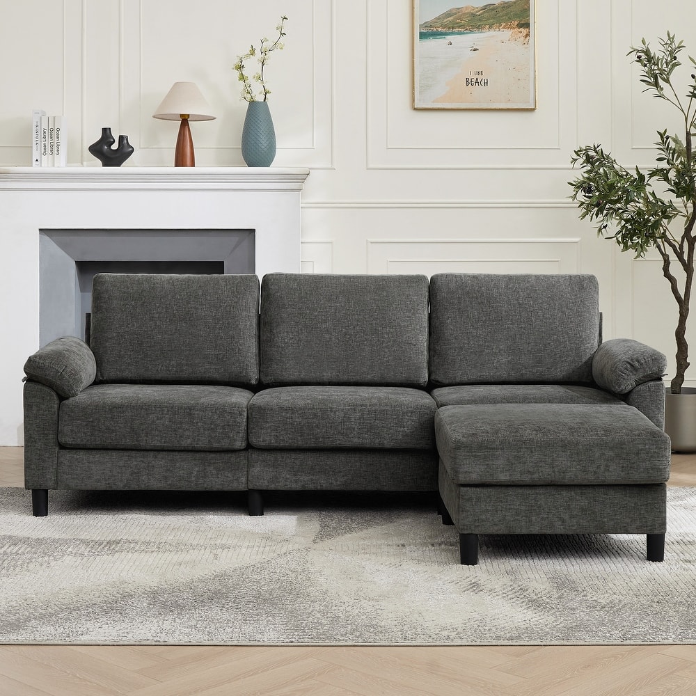 L-Shaped Chenille 3-Seat Modular Sectional Sofa with Movable Ottoman