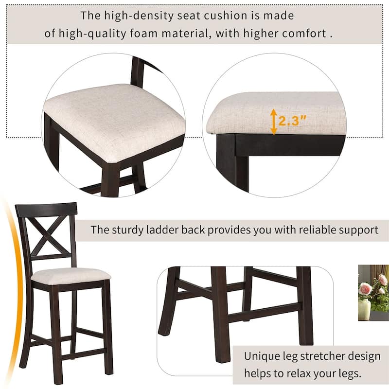 Merax 6-Piece Counter Height Dining Set with Shelf, Upholstered Seat