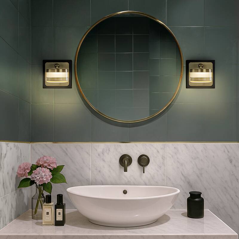 Modern Square Black and Brass Integrated LED Wall Sconce with White Acrylic Shade Adjustable Head Bathroom Vanity Light - W5''