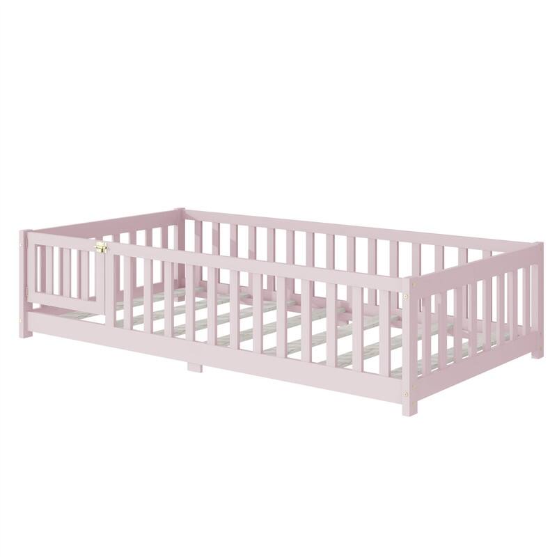 Twin/Full/Queen Size Floor Bed with Fence Guardrails and Door, Rubber Wood Toddler Bed Montessori Bed with Slats Support