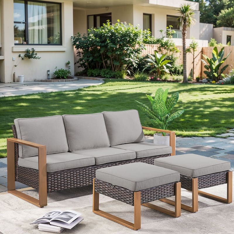 Pocassy 3 Pieces Outoor Patio Sofa Chair Ottoman Set - Gray cushion - Brown Wicker