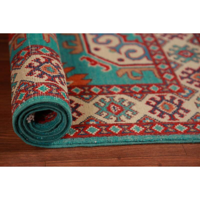 Turquoise / Green Kazak Foyer Rug Geometric Handmade Wool Carpet - 2'9"x 4'0"