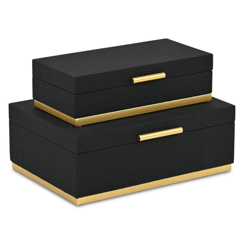 Eira Set of 2 Rectangular Decorative Storage Boxes - Retro Stripe Pattern with Gold Hardware