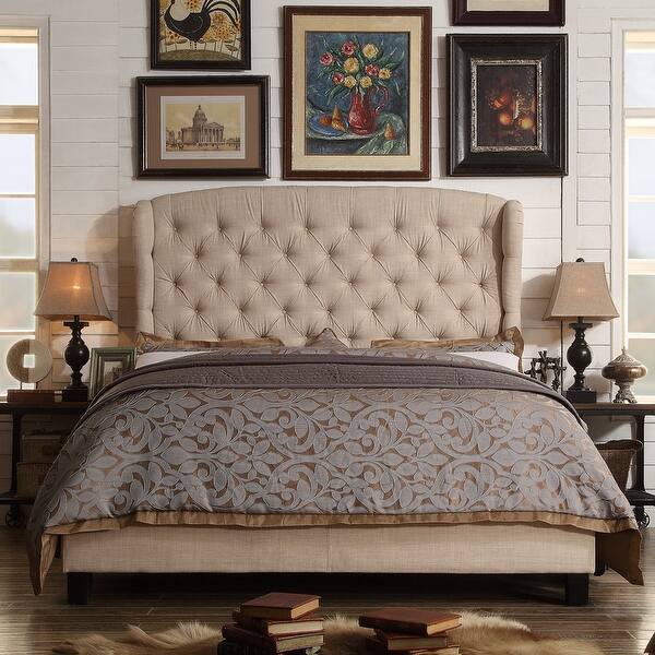 slide 2 of 15, Isabella Diamond Tufted Wingback Upholstered Platform Bed Beige - Queen