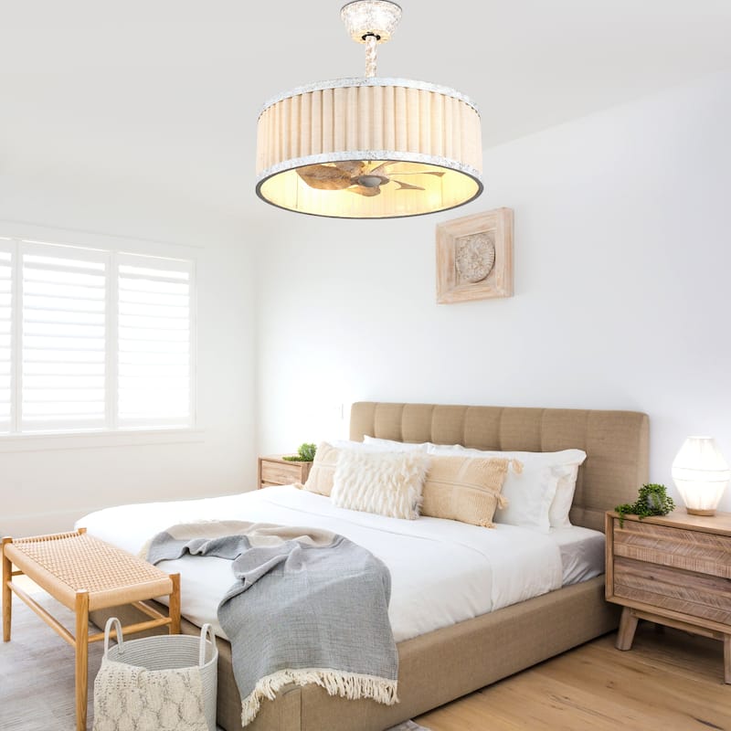 Bella Depot 20" Modern White Caged Ceiling Fan with Light and Remote 6-speed Reversible Blade Fandelier for Bedroom