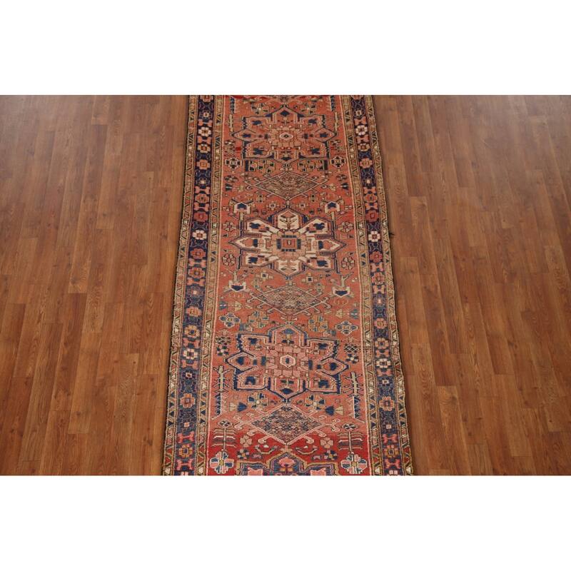 Geometric Heriz Persian Vintage Runner Rug Hand-Knotted Wool Carpet - 3'3"x 11'2"