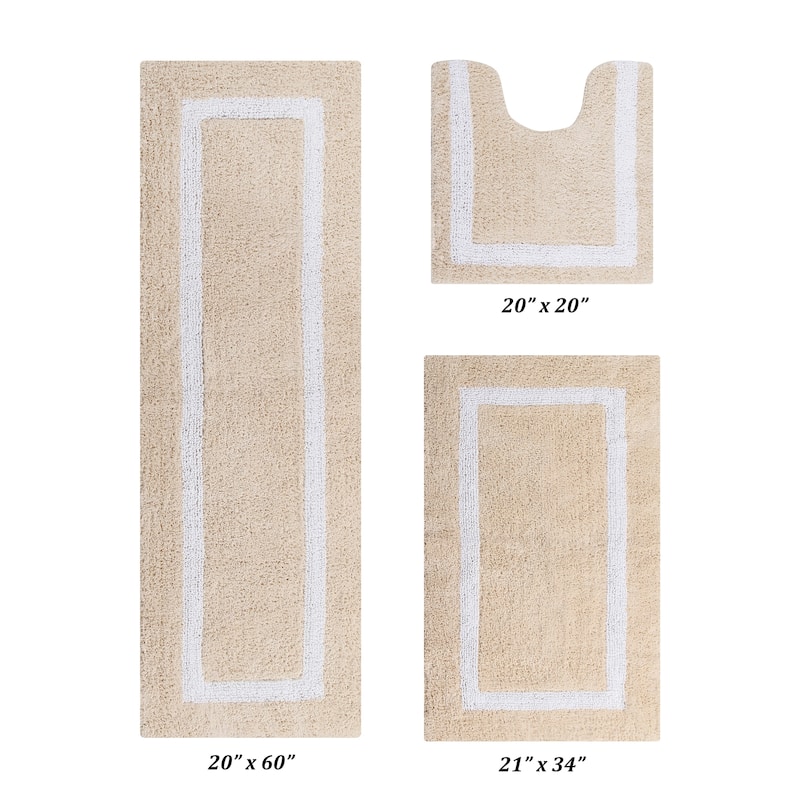 Better Trends Hotel Collection in Race Track 100% Cotton Super Absorbent Reversible Double Sided Machine Washable Bath Mat Rug - 3 Piece Set (20" x 20" | 21" x 34" | 20" x 60") - Sand & White