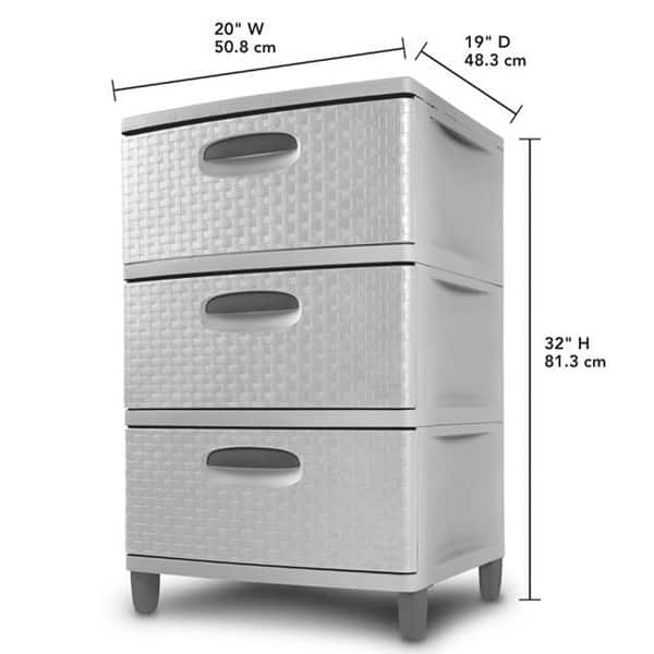 3 drawer dresser plastic Sterilite Wide 3 Drawer Tower, Plastic Storage Organizer with Removable Decorative Bins, Easy to Assemble