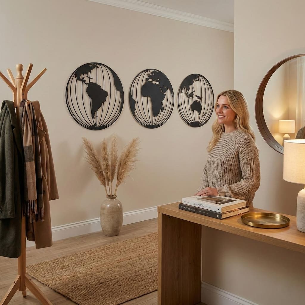 World Map 3 Globes Metal Wall Decor for Home and Outside - 15x15 inches