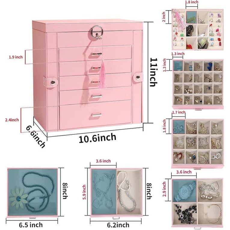 6 Layer Large Jewelry Organizer With Mirror - 6.6"D x 10.6"W x 11"H