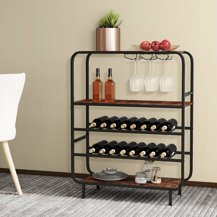5-Tier Rustic Wine Rack with Glass Holder Holds 16 Bottles & 12 Stemware Glasses - 36" x 14" x 46"