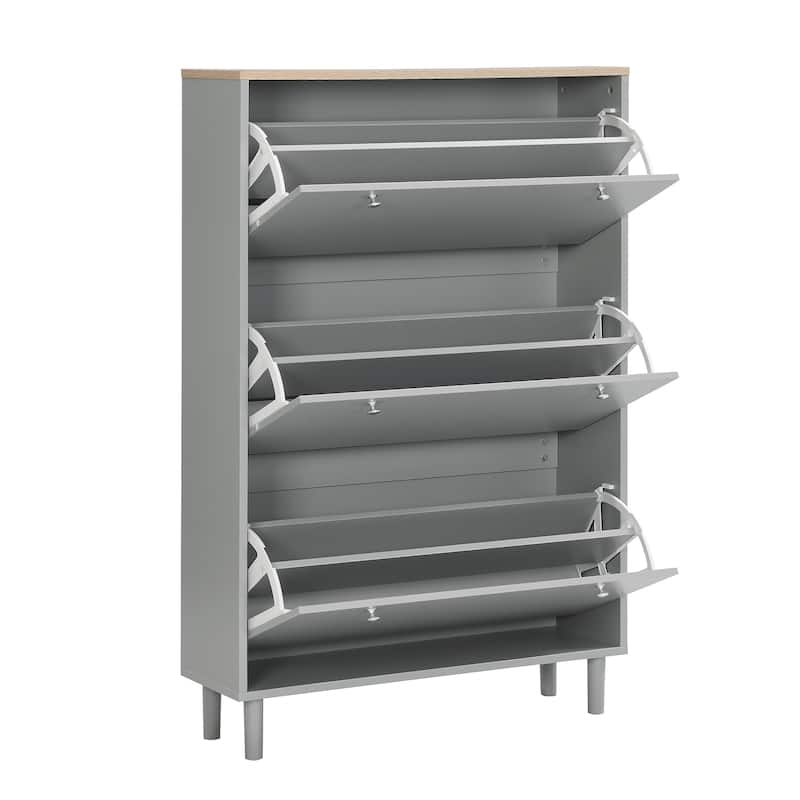 Sleek Narrow Shoe Cabinet with Adjustable Shelves & 3 Flip Drawers, Wood Grain Finish for Entryway Storage