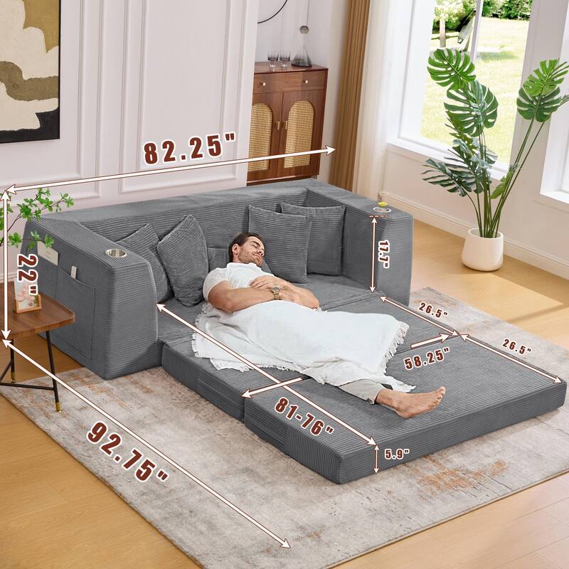 2 in 1 Convertible Sofa Bed, Sleeper Sofa with Storage Pockets, Pull Out Loveseat Couch with Two Cup Holders