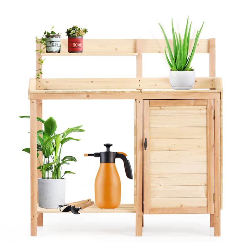 Anmytek Wooden Potting Bench Table with Sink and Storage Shelves Outdoor Garden Workstation for Patio - 42*17*43.5 - 42*17*43.5