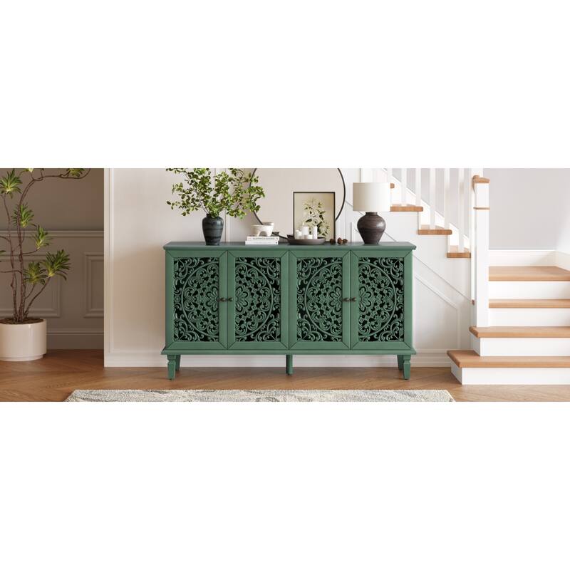 Roomfitters 60" Antique Buffet Cabinet, Floral Carved 4-Door Sideboard with Solid Wood Legs & Brass Handles