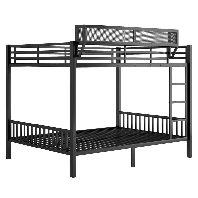 Queen Over Queen Metal Bunk Bed with Ladder and Storage Shelf for Adults and Teens, Black