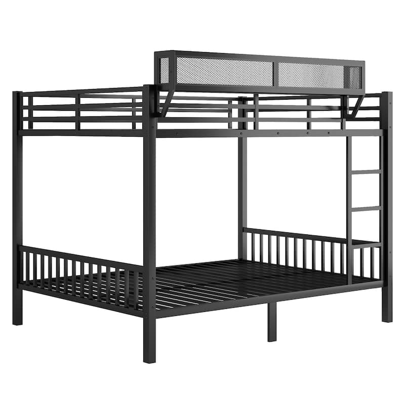 Queen Over Queen Size Metal Bunk Bed Frame with Ladder and Bedside Storage Rack Shelf for Adults Teens, Black Platform Bed Frame