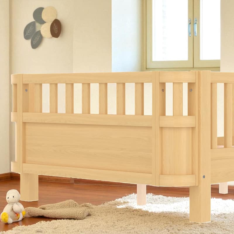 Wood Platform Bed with Guardrails & Detachable Fence, Twin/Full/Twin XL/Queen Size Kids Bed, Safety Design, No Box Spring