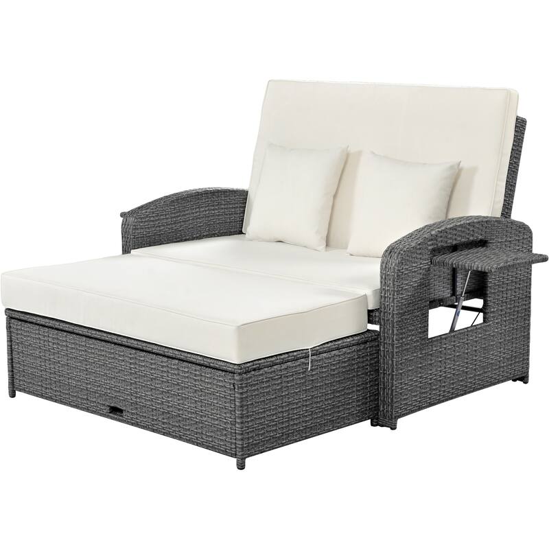Outdoor Double Reclining Chaise Lounge with Cushions and Waterproof Cover, Adjustable Backrest and Hidden Footrest Storage