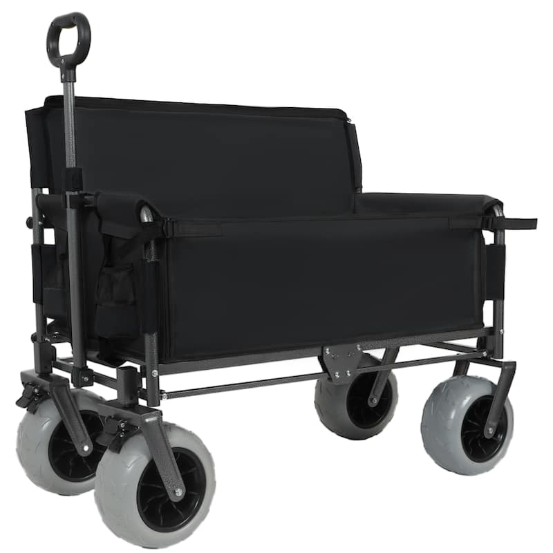 Folding Wagon with Bench Seat & 500 lbs Capacity-3-in-1 Collapsible Utility Cart with All-Terrain Beach Tires for Camping - Black