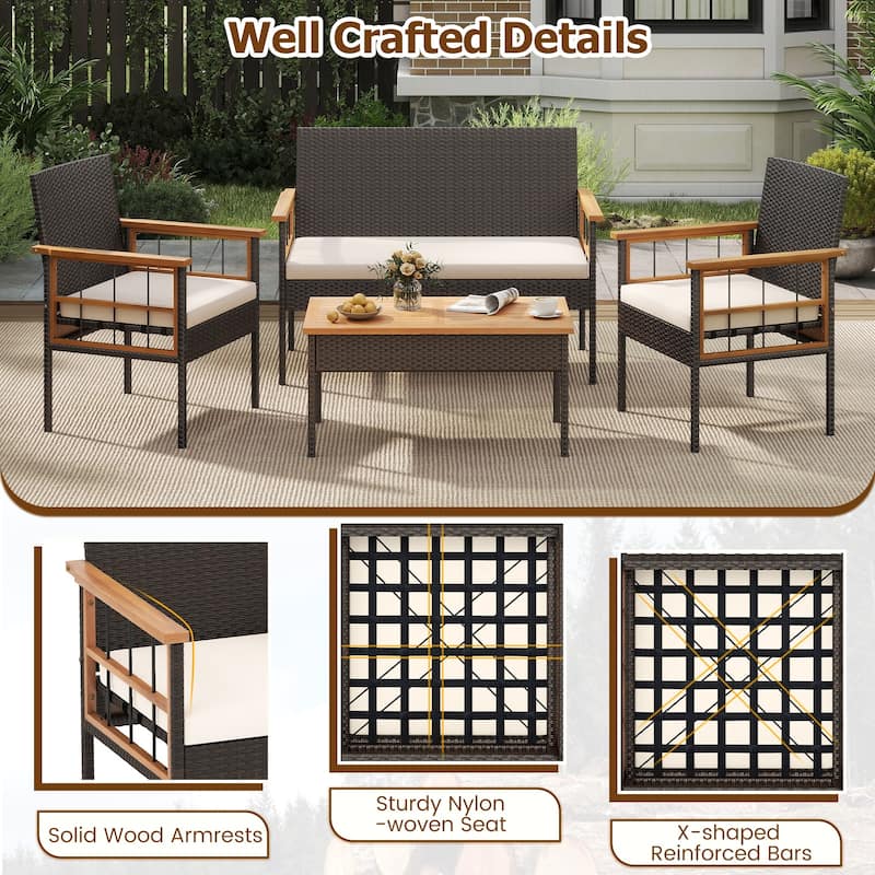 Gymax Set of 8 Wicker Furniture Set w/Acacia Wood Tabletop Armrests