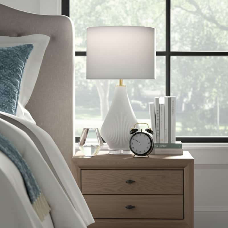 Stoneware Porcelain Table Lamp Ribbed Base Fabric Shade - 24" White - 15" x 15" x 24"
