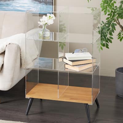 Clear Acrylic Plastic 6 Section Shelving Unit with Wood Base and Black Legs