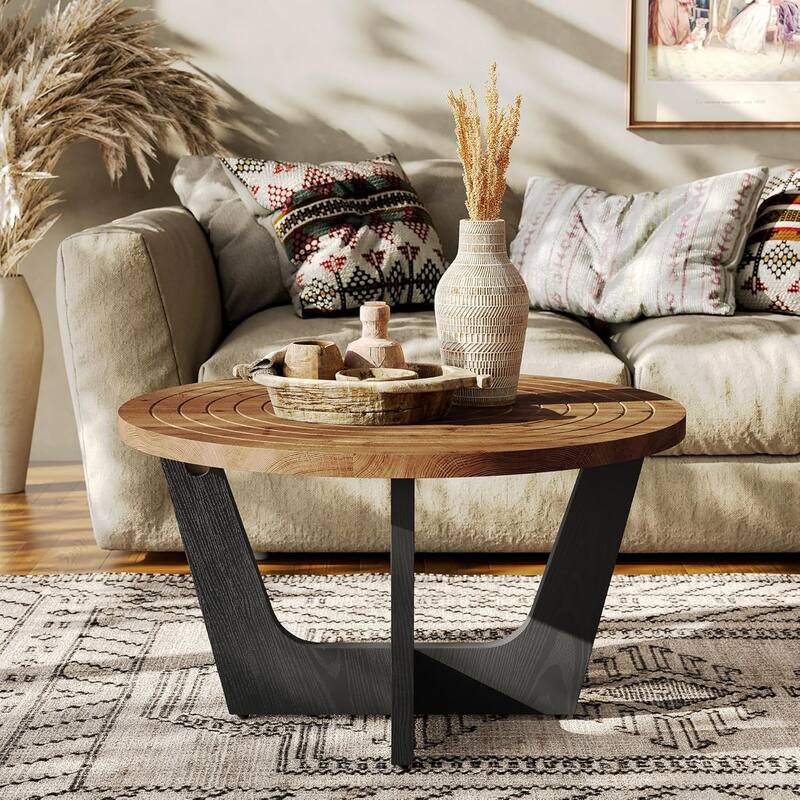 31.5" Round Solid Wood Coffee Table with Ring Groove, Living Room, Small Space, Brown & Black